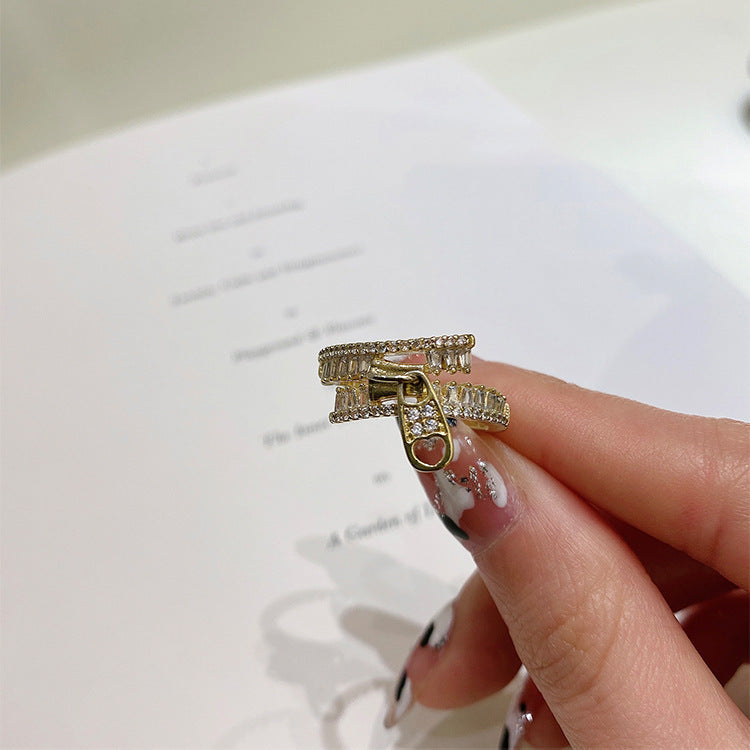 Gold Zircon Forefinger Ring Zip Open Design Open Mouth Copper Jewelry Adjustable Geometric Ellipse Pearl Accent