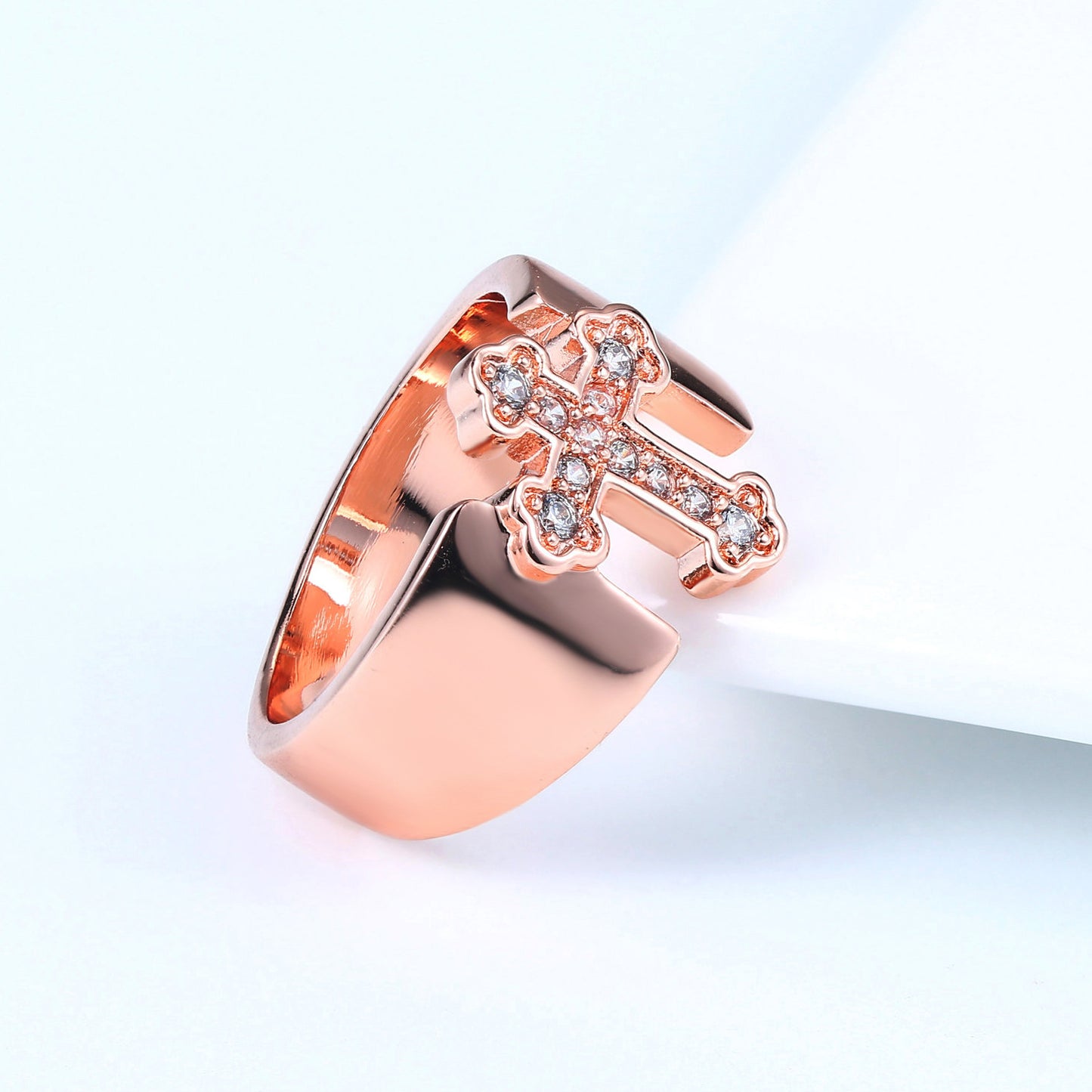 Womens Rose Gold Plated Copper Ring Inlaid Zircon Cross Design 1.5cm Wide Surface Ring For Women And Girls Now