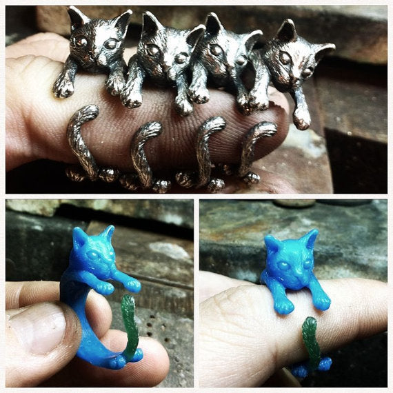Cartoon Cat Ring With Long Tail Animal Design Alloy Jewelry Bronze Silver Black Gift For Her Cute Cat Lover Gift Idea