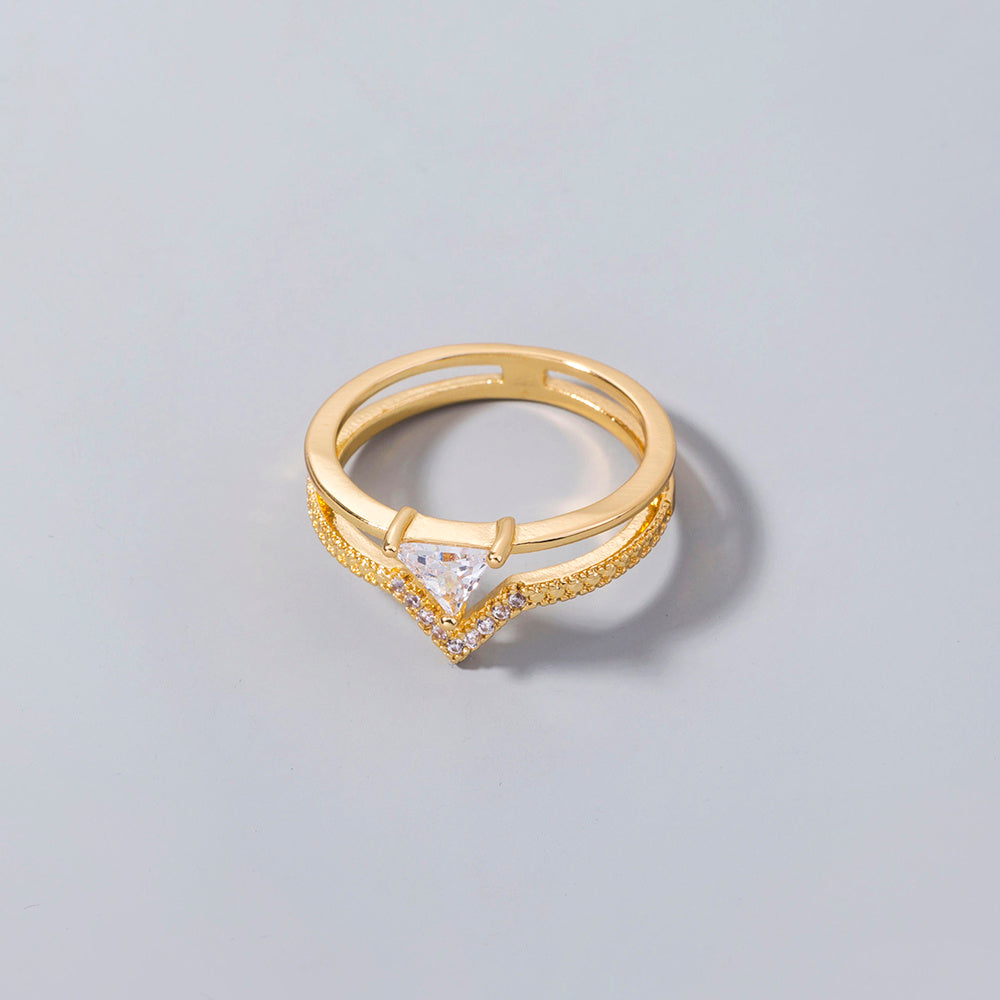 Womens Geometric Copper Ring With Irregular Triangular Zircon Inlay Double V Shape Adjustable With Soft Shines
