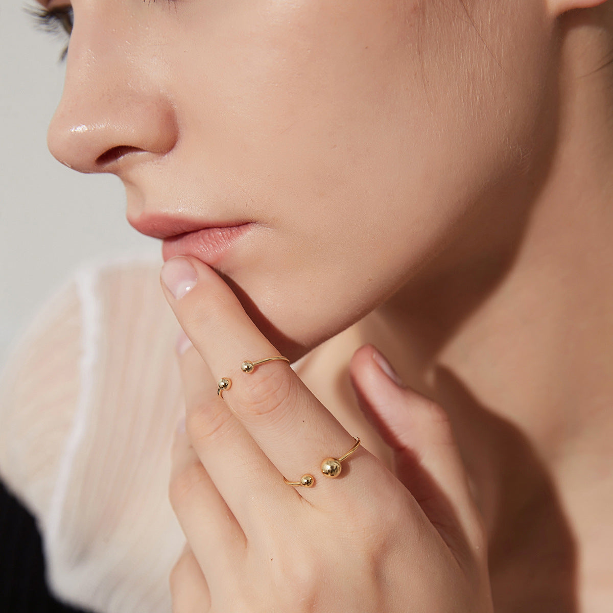 Womens S925 Silver Ring Asymmetric Round Bead Glossy Retro Geometric Metal Adjustable Opening Ring 14K Gold Plated