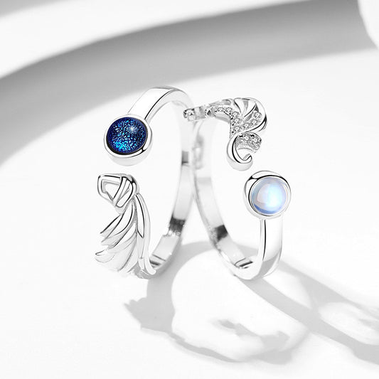 Angel Demon Wings Couple Rings Set Sterling Silver Diamond Accent Adjustable Opening Matching Gemstone Details