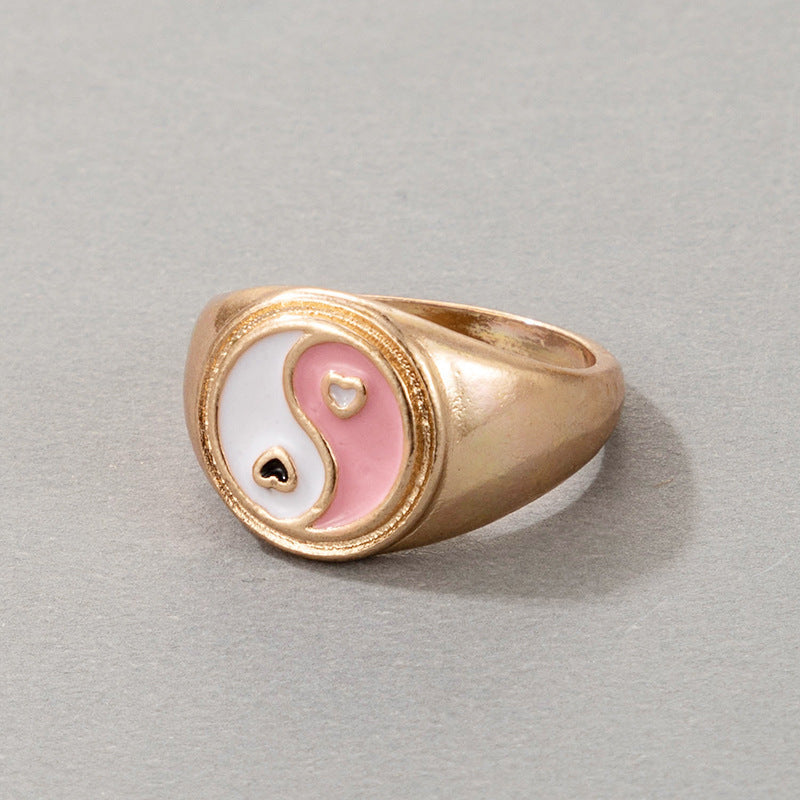 Bohemian Cartoon Ring Dripping Oil Alloy Heart Shaped Ring With Floral Daisy Or And Rainbow Elements For Women