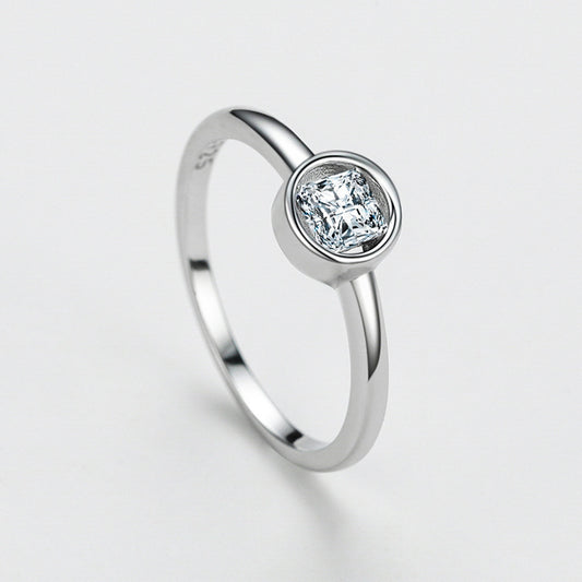 Womens Sterling Silver Geometric Ring With Round Zircon Artificial Diamond S925 Jewelry Korea Japan Style Ring