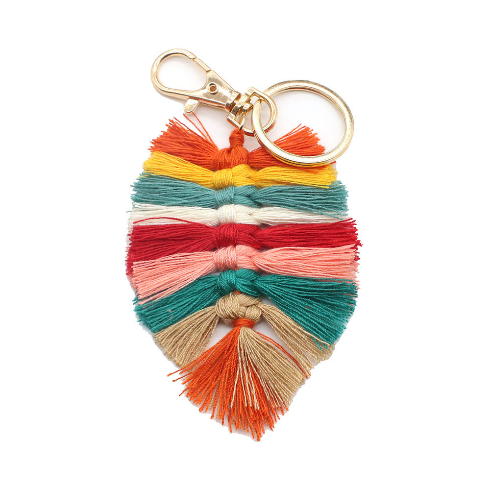 Handwoven Key Chain With Tassel And Leaf Pendant Cotton Rope Key Chain Accessory Unisex Bag Charm Beige Modern
