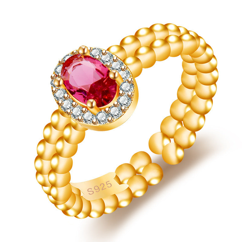 Adjustable Copper Ring With Inlaid Red Stone Geometric Design