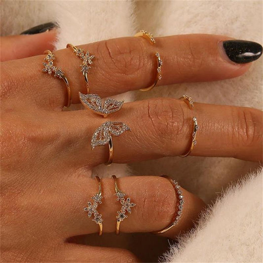 Butterfly Ring Set For Women 8 Piece Alloy Inlaid Gem Rings European American Fashion Gold Trendy Jewelry Gift