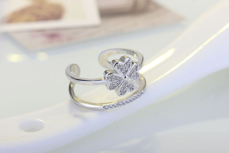 Adjustable Four Leaf Flower Diamond Ring With Inlaid Gemstone Silver Copper White Gold Plated Jewelry Gemstone