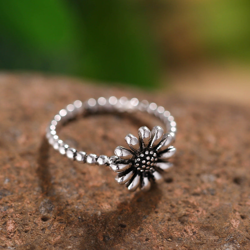 Sunflower Vintage Ring 925 Sterling Silver Adjustable Opening Jewelry For Dainty Fingers With Sunflower Motif Stylish