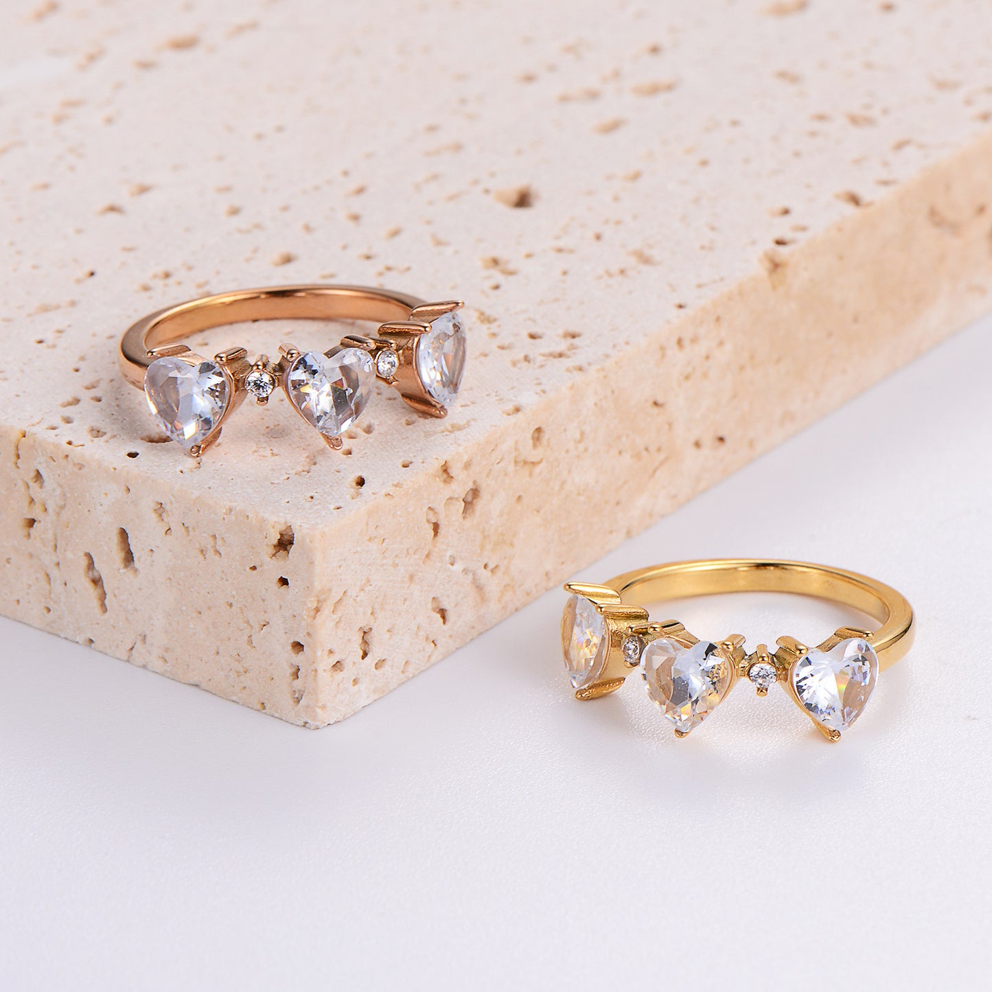 Womens Stainless Steel Heart Ring with Zircon Stone Electroplated Gold or Rose Gold Finish Heart Shape Ring for Her