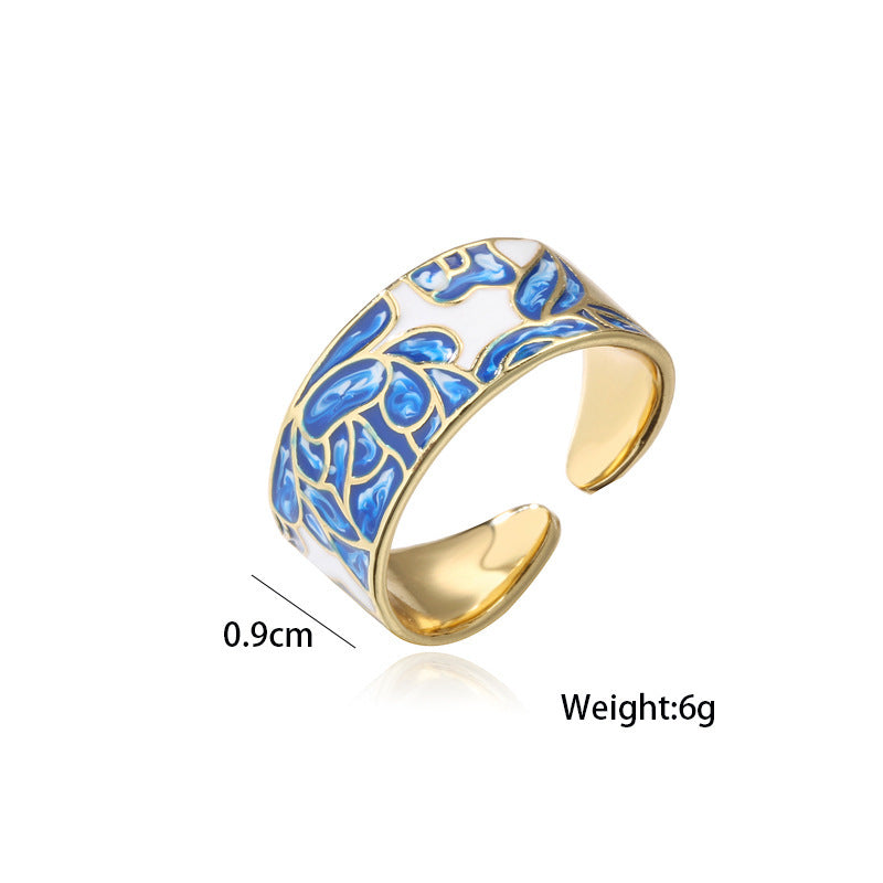 Adjustable Blue White Porcelain Ring With Zircon Inlay Copper Finish For Women Elegant Fashion Jewelry Daily Wear Gift