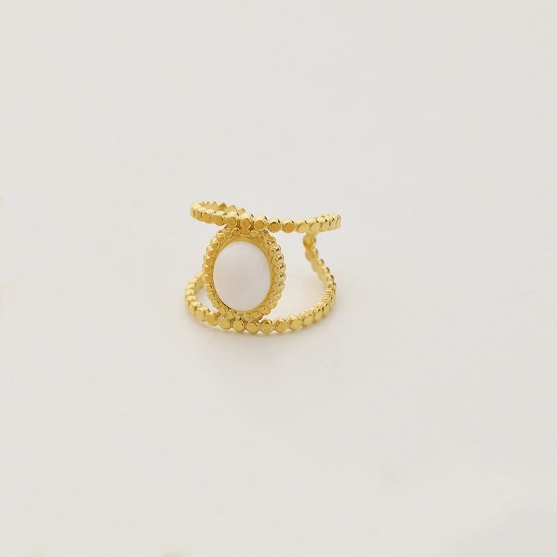 Womens White Jade Ring Geometric Design Stainless Steel Gold Tone Statement Jewelry Fashion Accessory Durable Elegant