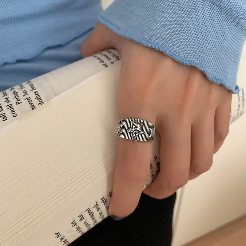 Womens Sterling Silver Ring Vintage Classic Distressed Pentagram Ring Adjustable Opening Jewelry For Women Timeless Gem