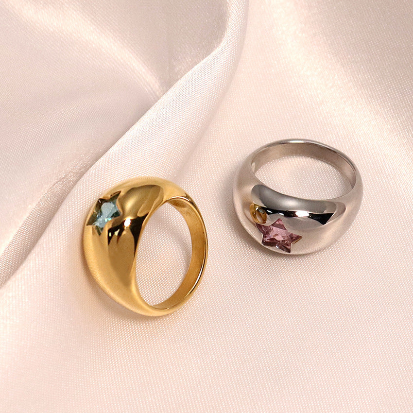 Womens Titanium Steel Gold Ring Pentagram Design Geometric Hexagon Zirconia Micro Inlaid European Fashion Ring