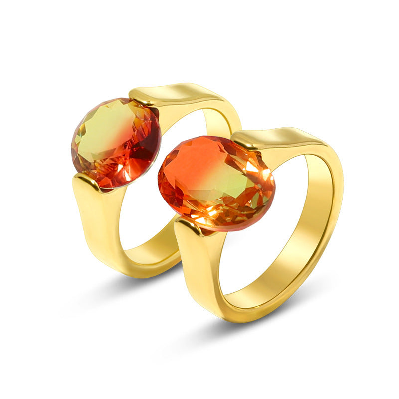 Womens Stainless Steel Ring With Tourmaline Inlay And Golden Gemstone Accent Fashion Jewelry Elegant Band Ring