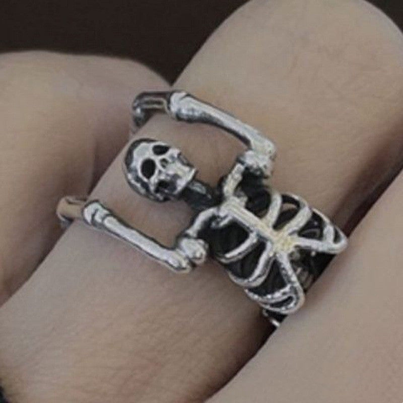 925 Sterling Silver Rock Dark European And American Trend Full Body Skeleton Yoga Skull Ring