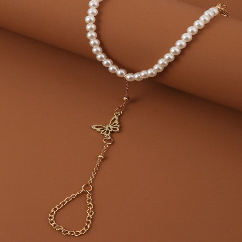 Butterfly Finger Bracelet With Pearl Chain Delicate Jewelry