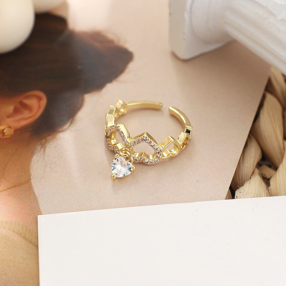 Womens Copper Ring Geometric Love Heart Zircon Electroplated Korean Style Jewelry Gift For Festivals And Gifting