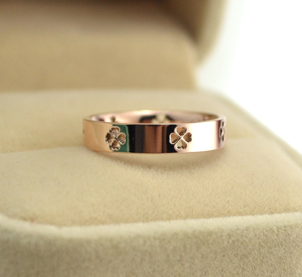 Womens Rose Gold Clover Ring Titanium Steel Geometric Electroplated Fashion Jewelry Accessory Durable Gift Her