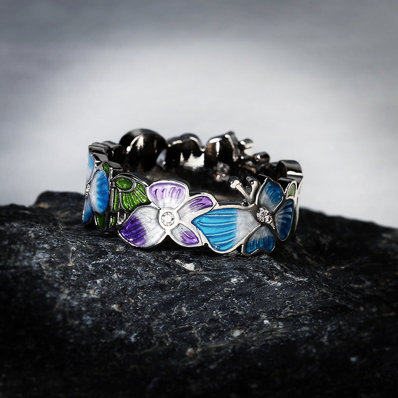 Womens Flower Ring Enamel Gemstone Inlaid Brass Plated Fashion Jewelry Gift For Her Unique Design Chic Gift For Her