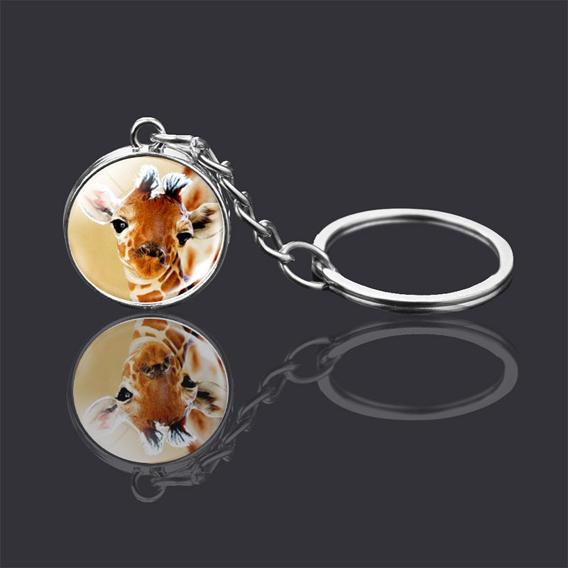 Animal Glass Ball Keychain Double Sided Key Ring With Metal Pendant For Unisex Donkey Rabbit Elephant Fox Bear