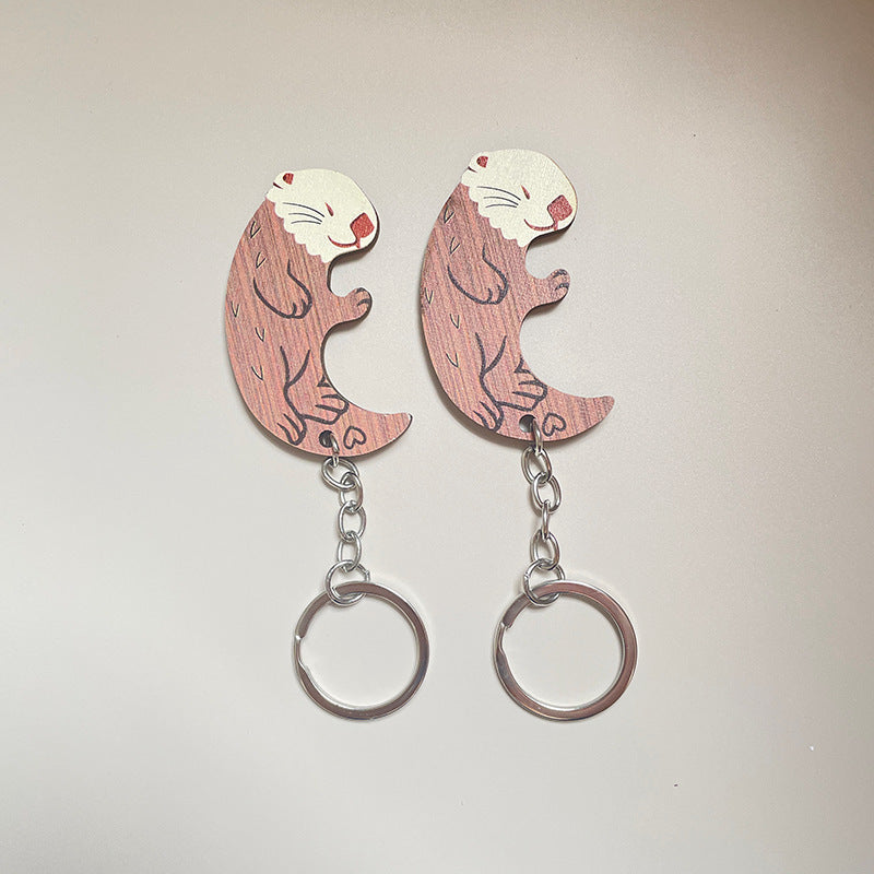 Wooden Couple Otter Keychain Double Sided Gift Box Keepsake