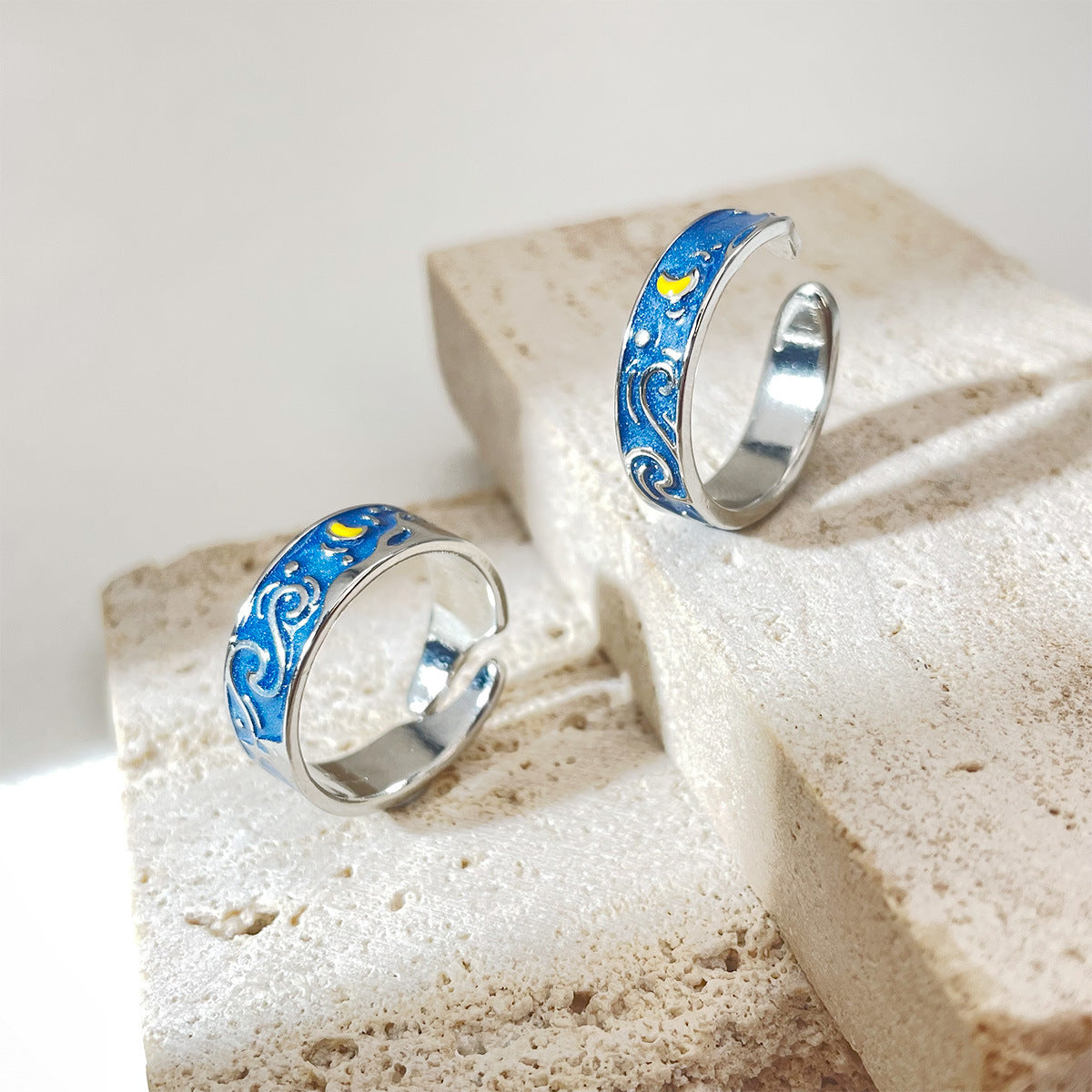 Adjustable Alloy Couple Ring Set With Blue Dripping Oil Finish Starry Sky Matching Rings For Him And Her Gifts