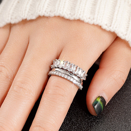 Zircon Ring Three Piece Wedding Banquet Inlaid Zircon Copper White Gold Yellow Gold For Female Size 6 7 8 9 10