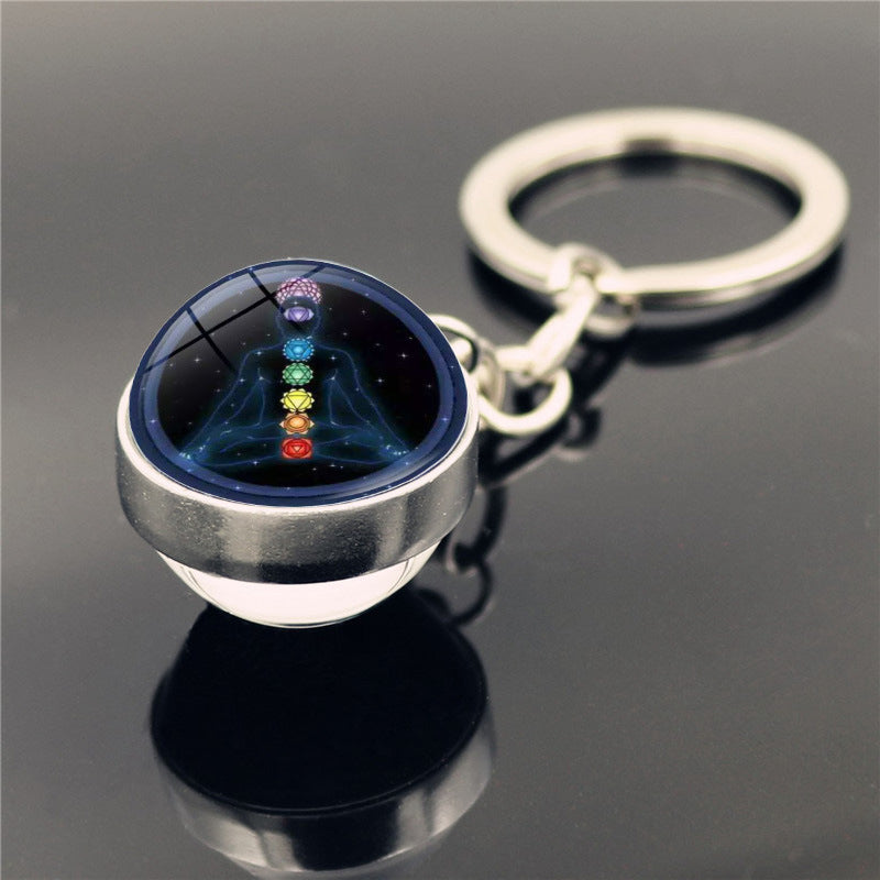 Yoga Keychain Double Sided Glass Ball Pendant Silver Plated Alloy Car Key Ring Bag Charm Decoration Gift Decor