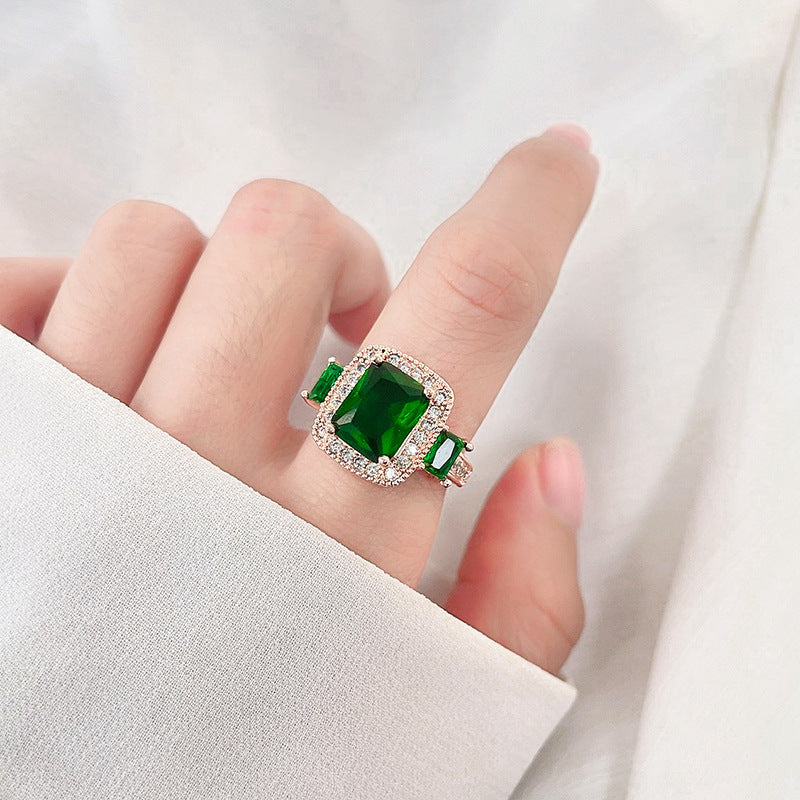 Green Crystal Ring Adjustable Gold Plated Zircon Jewelry For Women Geometric Statement Elegant Fashion Jewelry