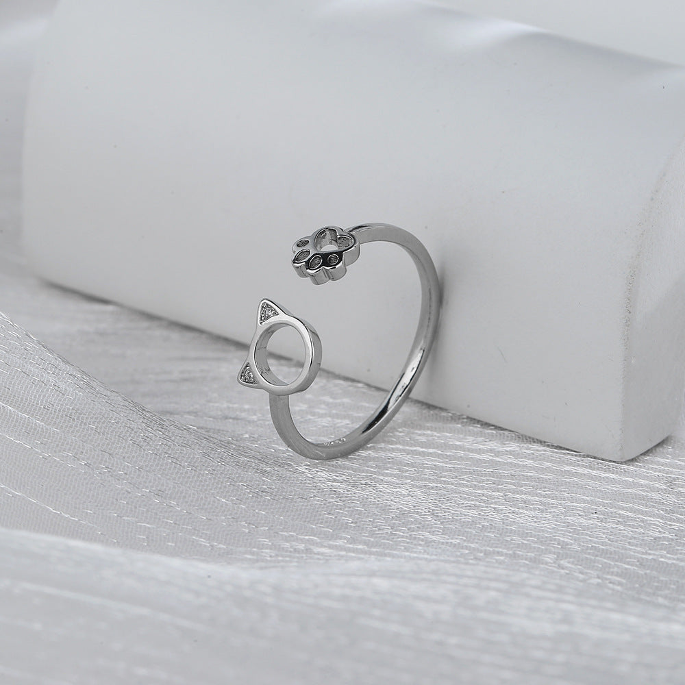 Womens Kitten Ring Cute Cat Claw Cut Out Design Copper Zircon Ring Platinum Finish For Women Korean Style Ring