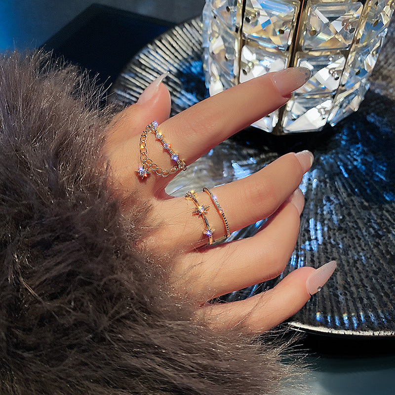 Adjustable Double Link Star Zircon Copper Ring In White Gold Meteor Design For Fashionable Women For Modern Style