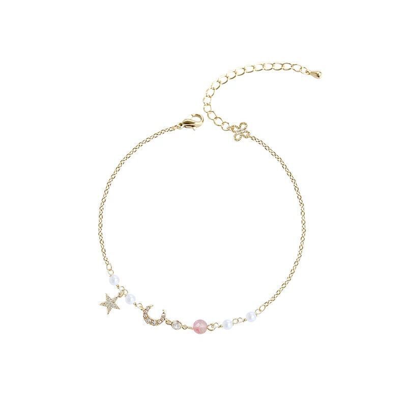 Womens Strawberry Star Moon Bracelet Gold Inlay Alloy Charm Pink Blue Chain 16cm 4cm Moon0.9cm Japanese Korean