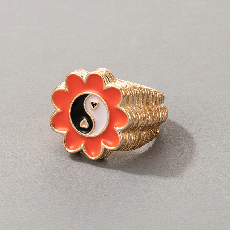 Bohemian Cartoon Ring Dripping Oil Alloy Heart Shaped Ring With Floral Daisy Or And Rainbow Elements For Women