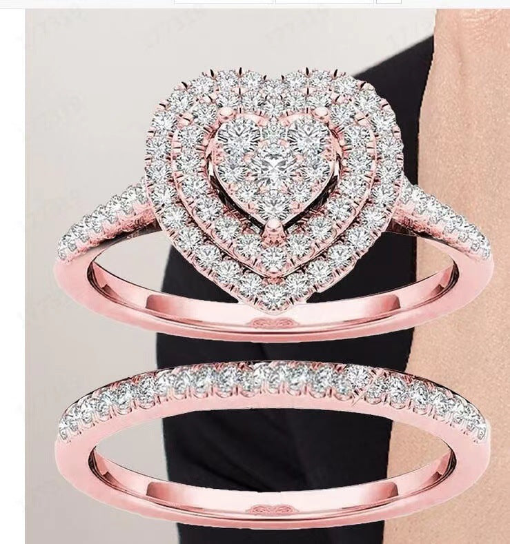Womens Two Piece Heart Shaped Jeweled Alloy Ring Set Electroplated Gold Silver Rose Gold Finishes Sizes 5 6 7 8 9 10 11