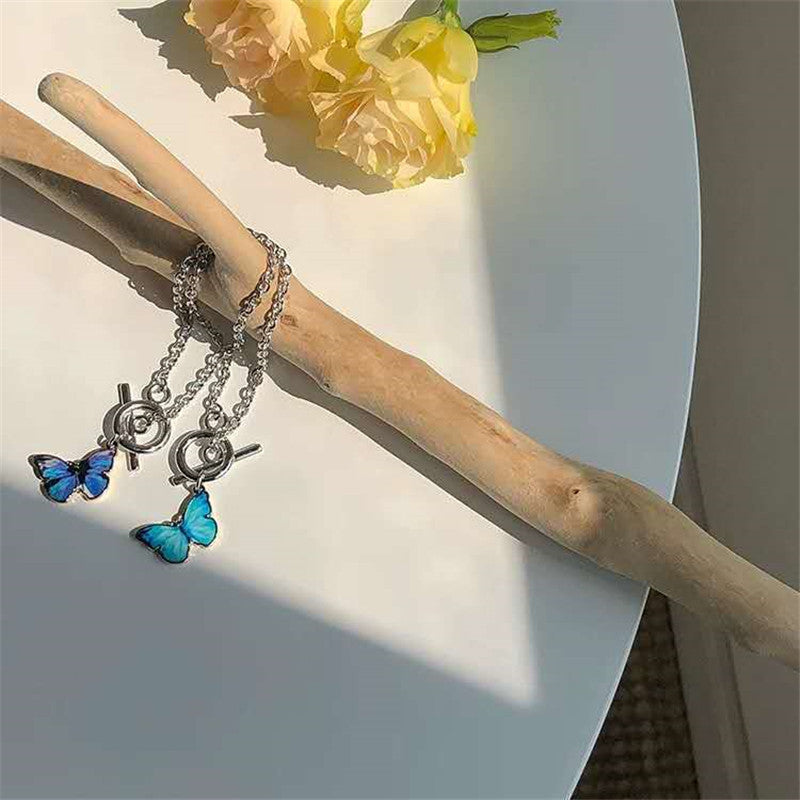 Butterfly Bracelet Women Alloy Jewelry Electroplated Blue Butterfly Pendant Classic Fashion Silver Tone Design