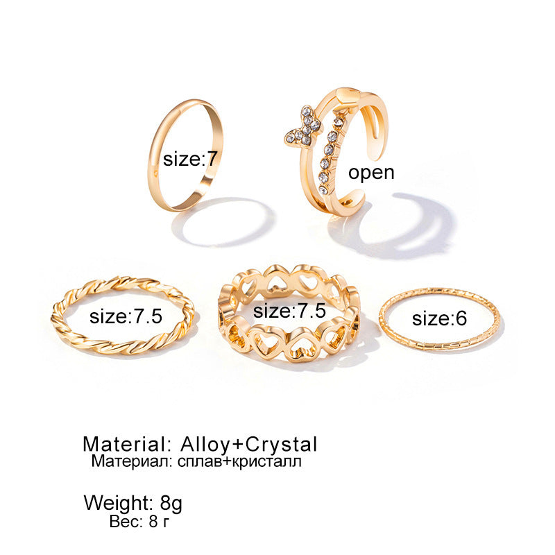 Womens Ring Set With Rhinestones Butterfly Love Peach Heart Twist Designs Alloy Jewelry For Women Korean Style