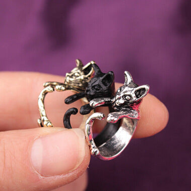 Adjustable Cat Ring Vintage Retro Kitten Ring Playing With Tail Zinc Alloy Jewelry Gift For Cat Lovers Trinket