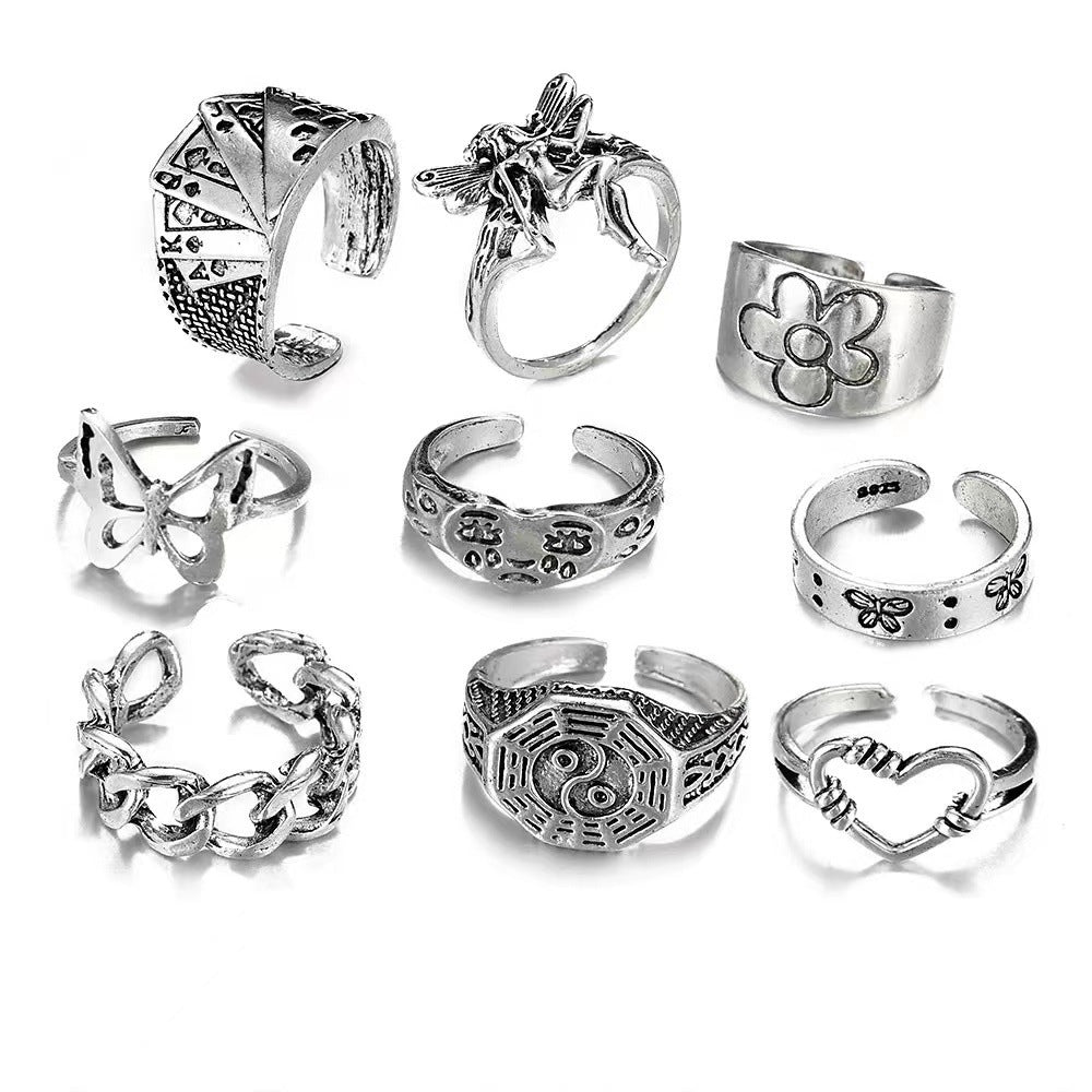 Vintage Knuckle Ring Set 9 Piece Unisex Punk Bohemian Metal Rings Crying Face Hollow Heart Butterfly Gift Pack