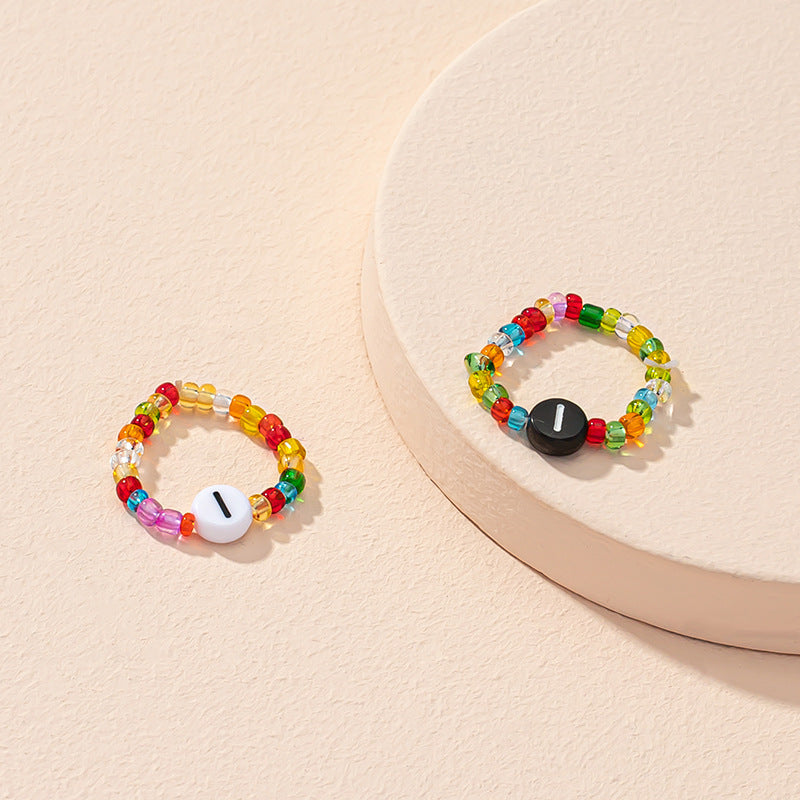 Beaded Letter Initial Ring For Ladies And Men Resin Alphabet Trendy Korean Geometric Ethnic Retro Jewelry Gift