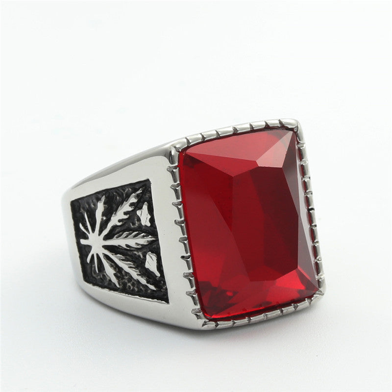 Titanium Steel Leaf Gemstone Retro Stainless Steel Square Ring