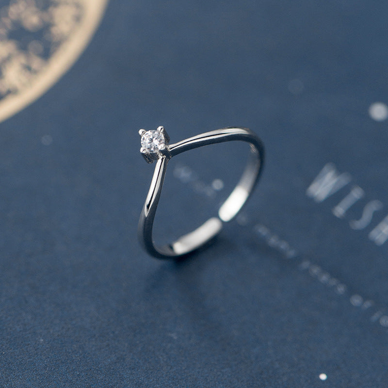 S925 Silver Simple Temperament Single Diamond V-shaped Ring