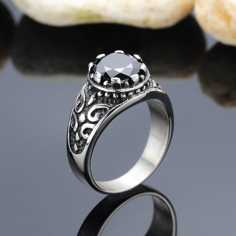 Mens Stainless Steel Ring With Gemstone Diamond Accent Geometric Design Titanium Band Jewelry Gift Anniversary