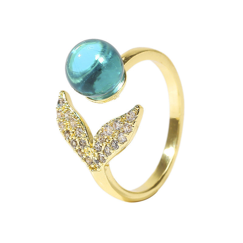 Adjustable Mermaid Tail Ring With Ocean Beads Inlay Copper Gold Alloy Semi Precious Stone Jewelry For Everyday