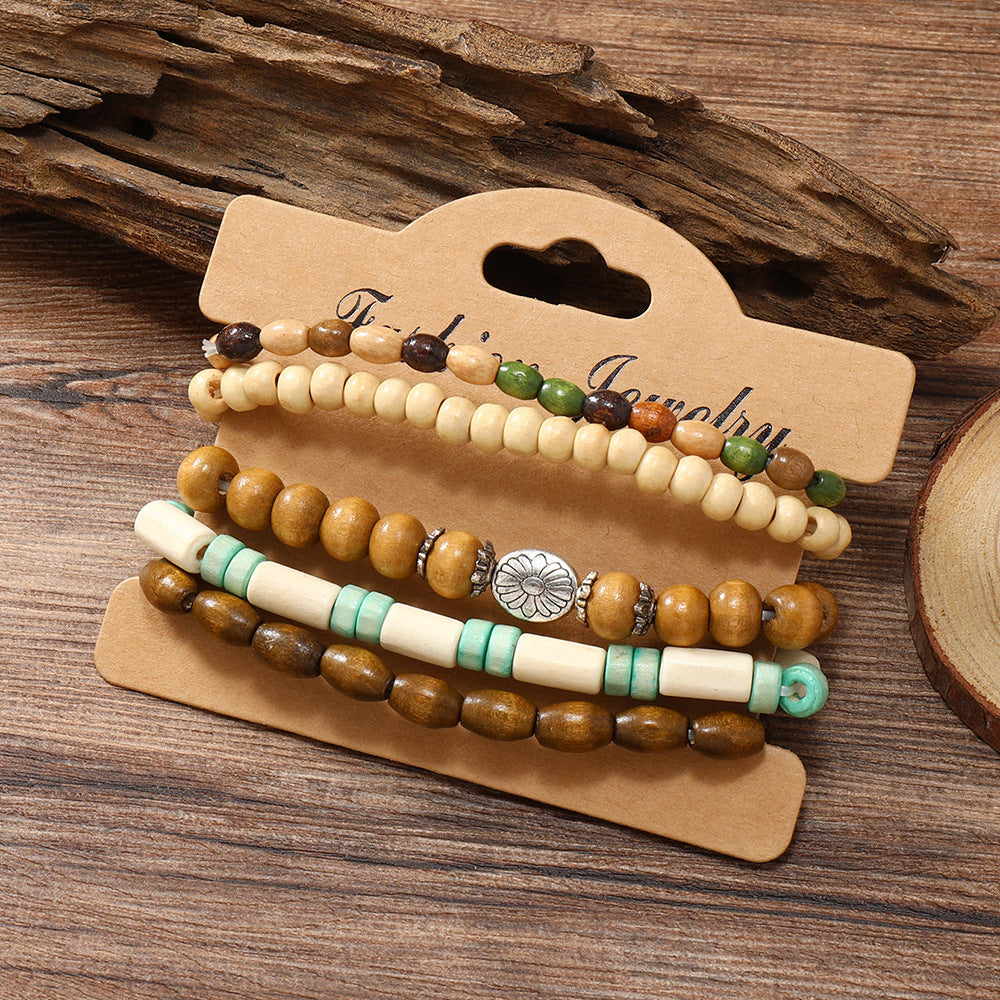 Wooden Bead Bracelet Set Handmade Jewelry Gift Chrysanthemum Design Unisex Colorful Beaded Bracelets For Everyday Style