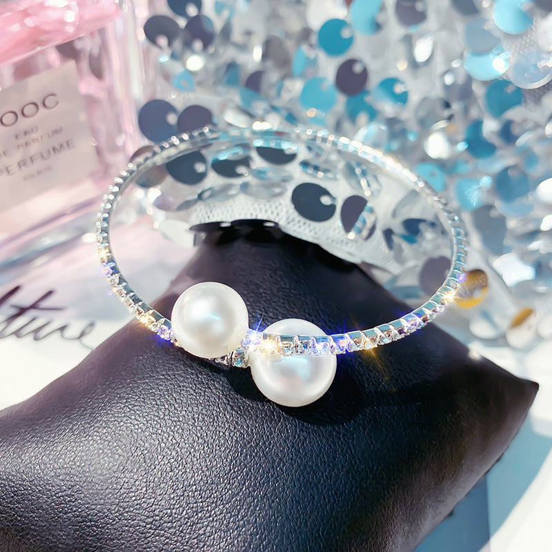 Womens Titanium Steel Bracelet Fashion Geometric Pearl Diamond Inlay Anniversary Gift For Birthday Wedding Gift