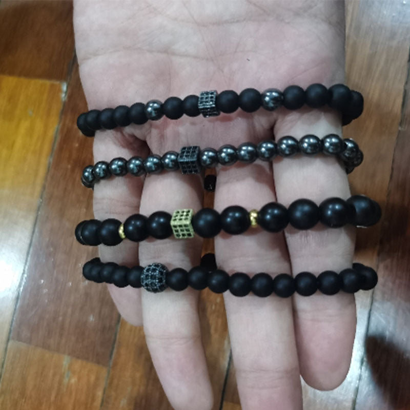 Mens Beaded Bracelet Handmade With European Geometric Stone Charm And Bright Black Zircon Matte Imperial Tiger