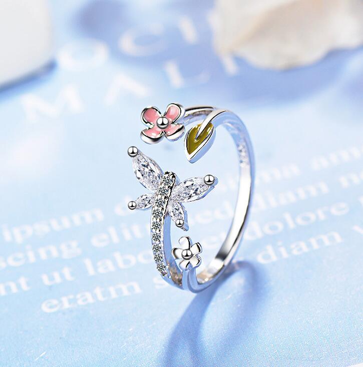 Womens Rhinestone Flower Ring Adjustable 17mm Inner Diameter Platinum Zircon Jewelry Japanese Korean Style Pro