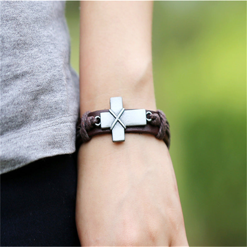 Leather Cross Bracelet For Men And Women Vintage Brown Cowhide Alloy Adjustable Length First Layered Wristwear