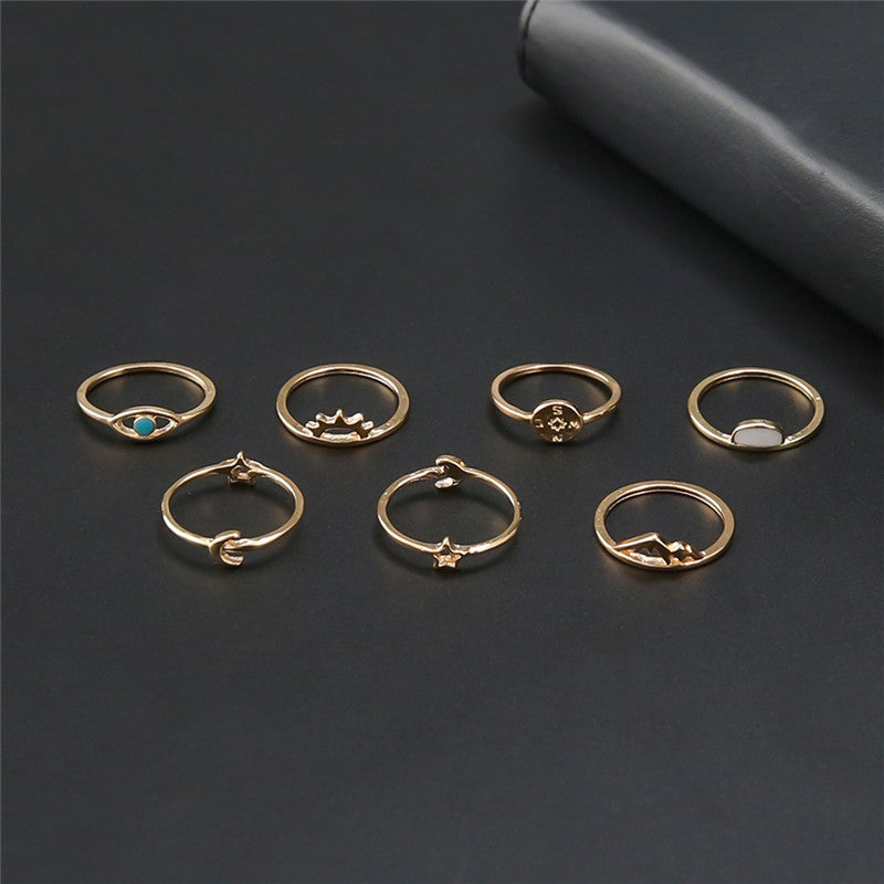 Womens Wave Ring Set 7 Pieces Alloy Electroplated Rings European and American Beach Jewelry Ring Set For Women